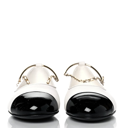 Chanel Lambskin Patent Calfskin Cap Toe Ankle Chain Ballerina Flats 37.5 White Black 2 of 10