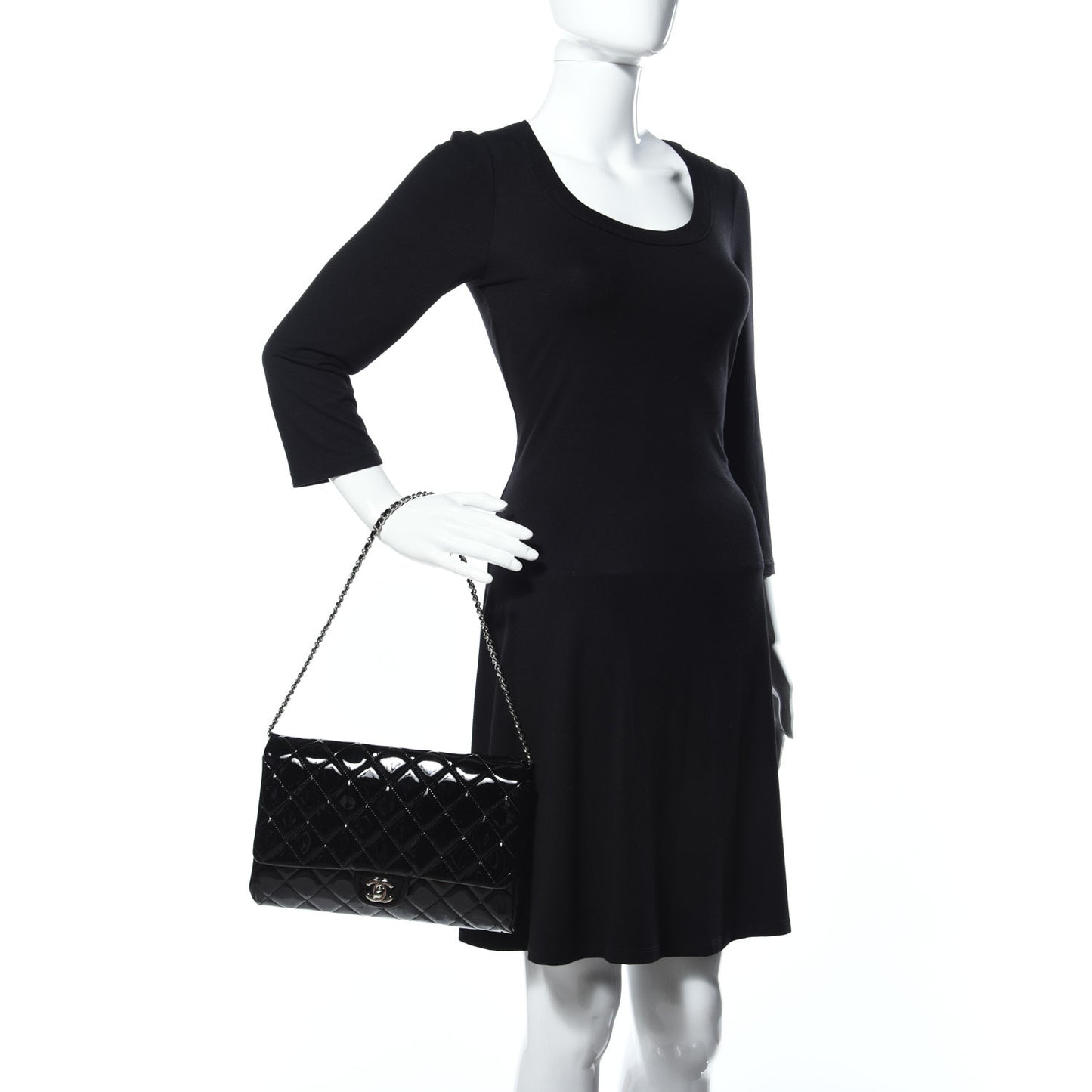 Patent Quilted Clutch with Chain Flap Black