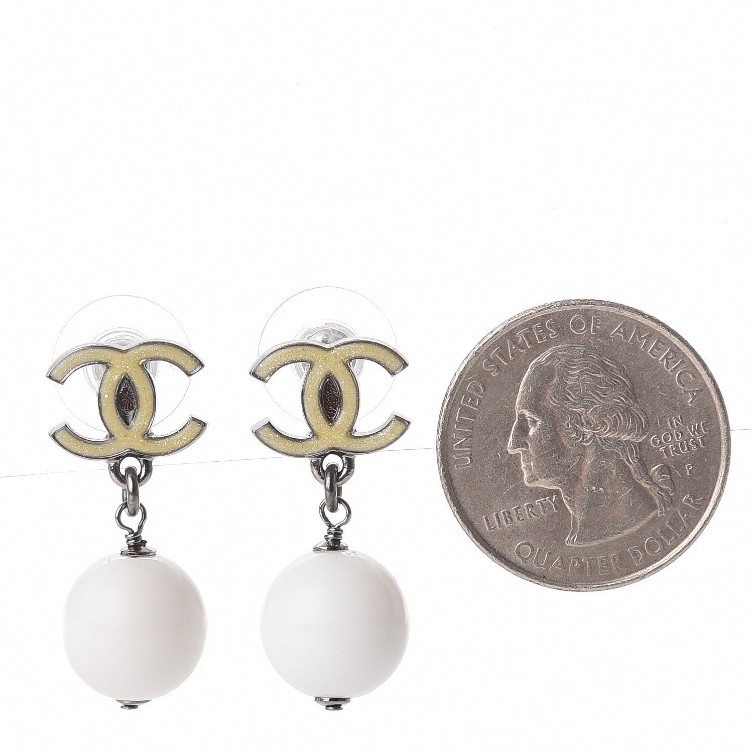 Chanel Glitter Enamel Bead CC Drop Earrings White Yellow 2 of 5