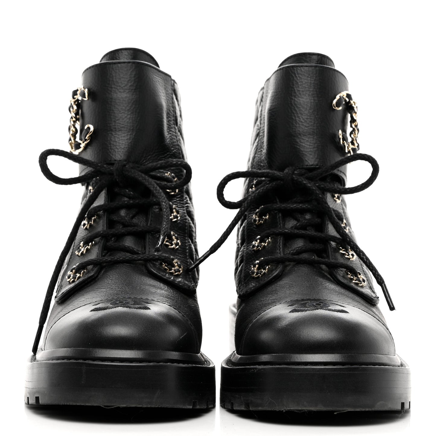 Shiny Calfskin Quilted Lace Up Combat Boots 37.5 Black