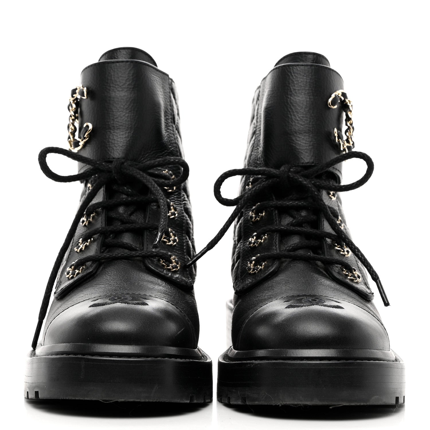 Chanel Shiny Calfskin Quilted Lace Up Combat Boots 37.5 Black 2 of 9