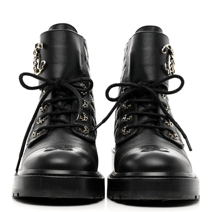 Chanel Shiny Calfskin Quilted Lace Up Combat Boots 37.5 Black 2 of 9