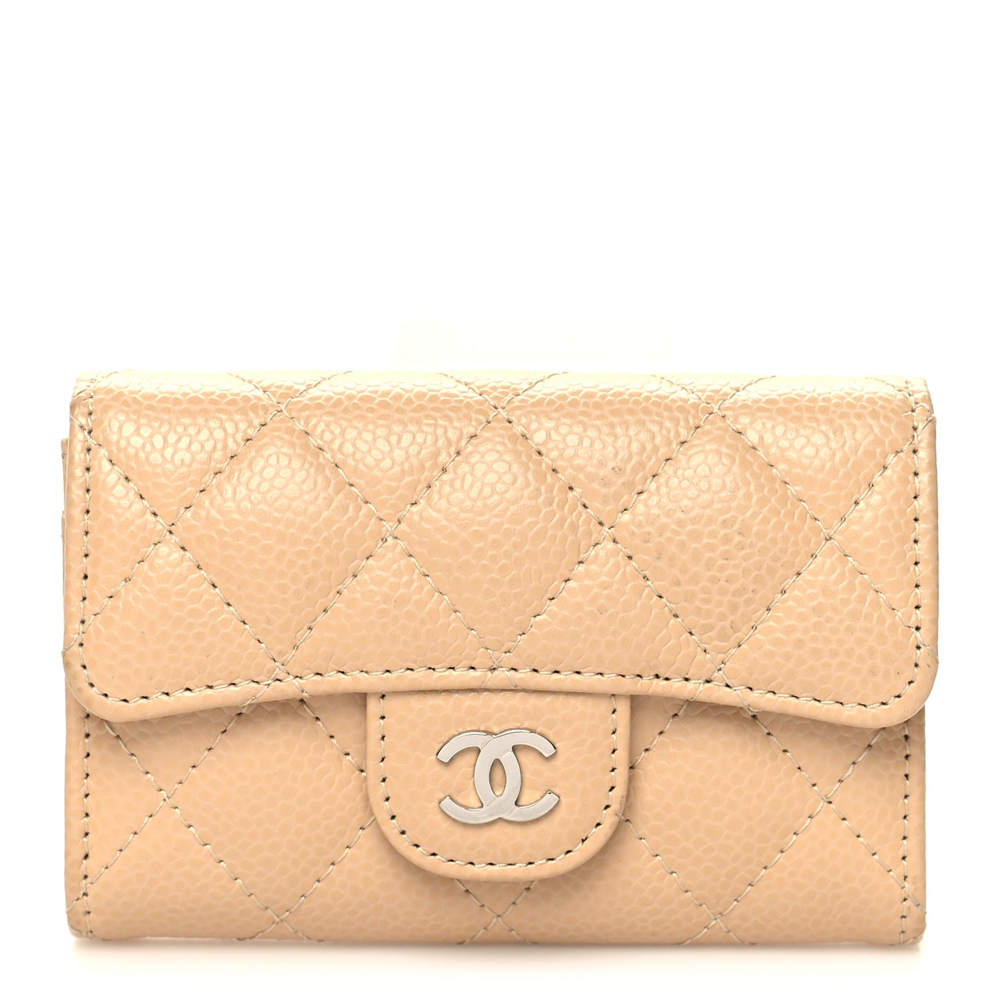 Caviar Quilted Flap Card Holder Wallet Beige