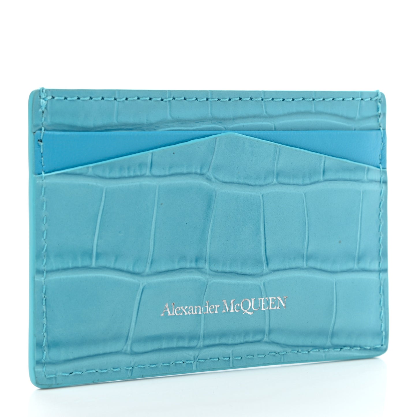 Calfskin Crocodile Embossed Skull Card Holder Cerulean