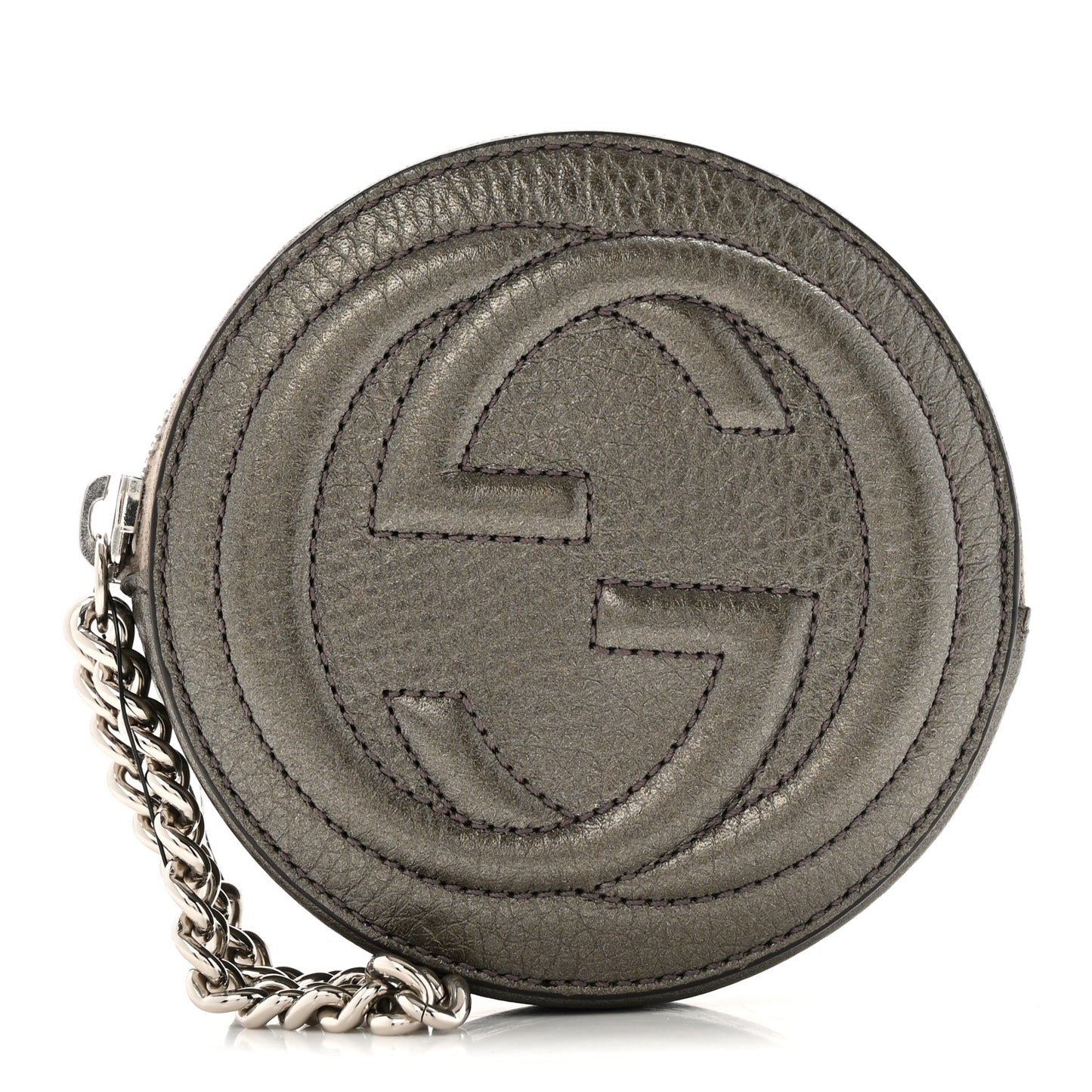 Metallic Pebbled Calfskin Round Coin Purse Sasso