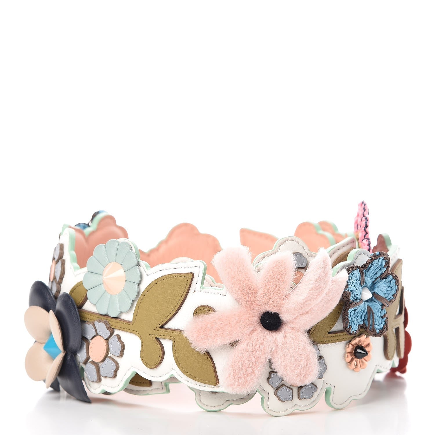 Fendi Calfskin Studded Floral Inlaid Floral Strap You White 2 of 4