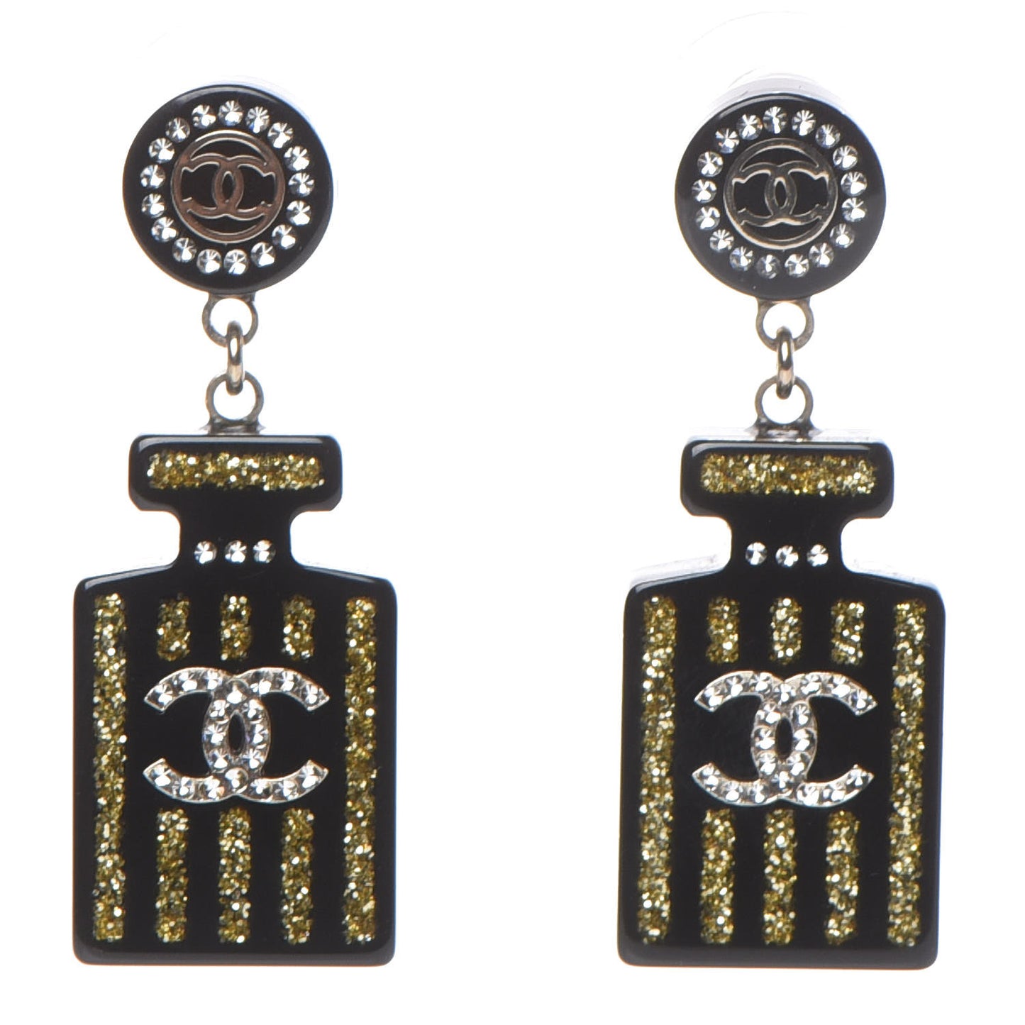 Resin Strass Perfume Bottle CC Earrings Black Gold