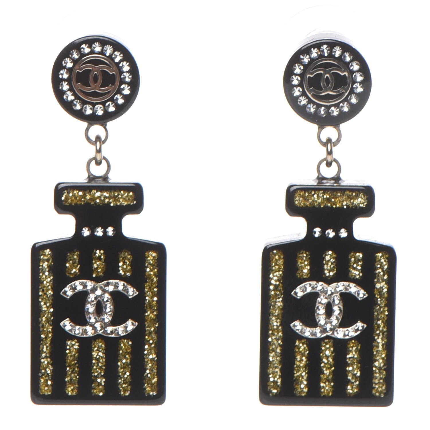 Chanel Resin Strass Perfume Bottle CC Earrings Black Gold 1 of 3