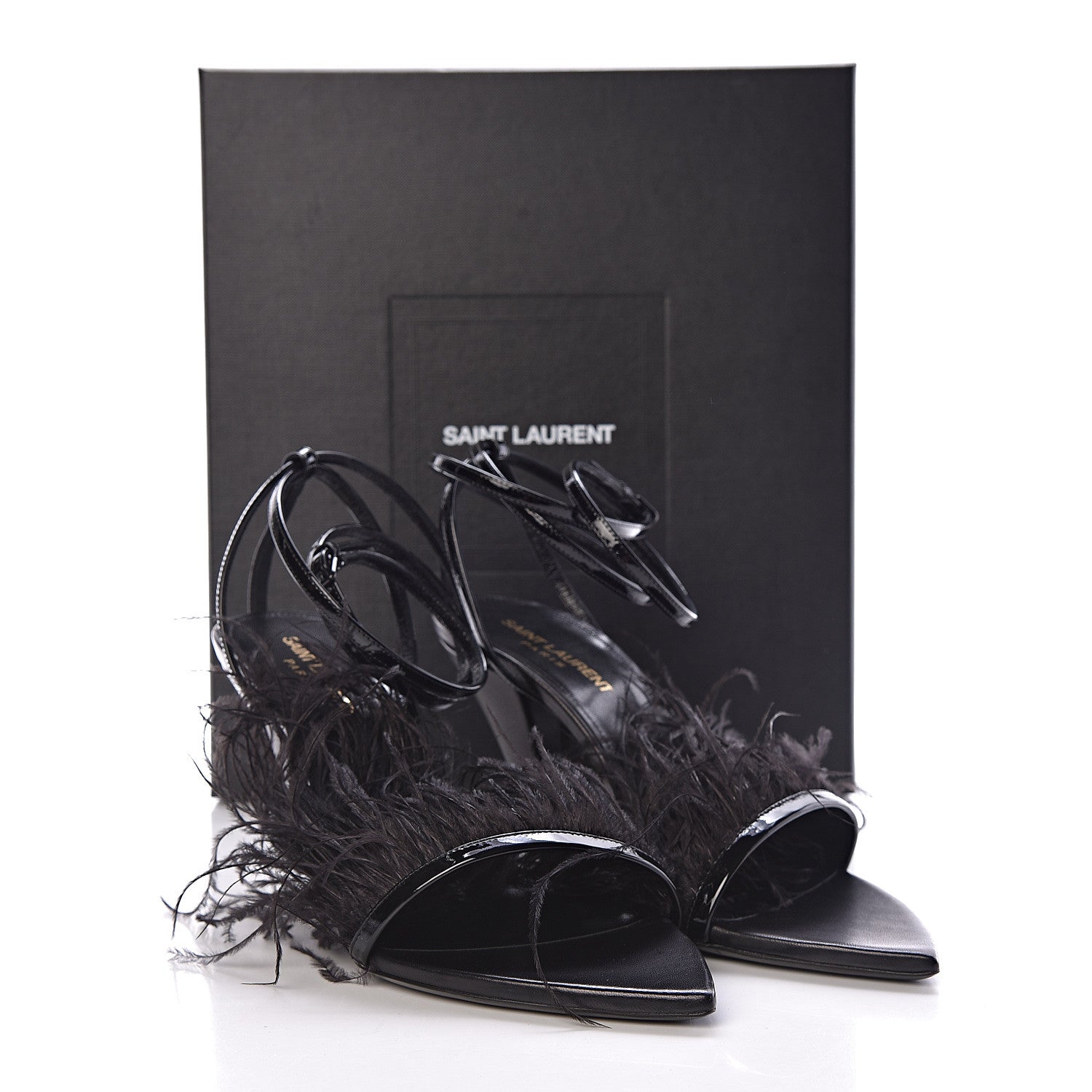 Saint Laurent Patent Ostrich Feathers Era 110 Ankle Strap Sandals 38.5 Black 9 of 9