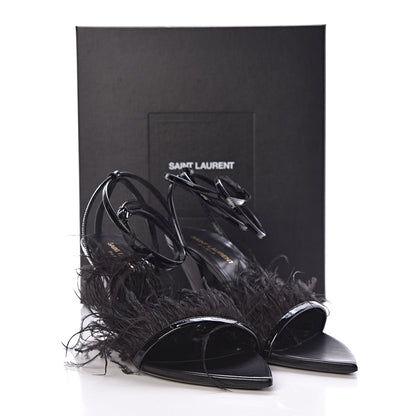 Saint Laurent Patent Ostrich Feathers Era 110 Ankle Strap Sandals 38.5 Black 9 of 9