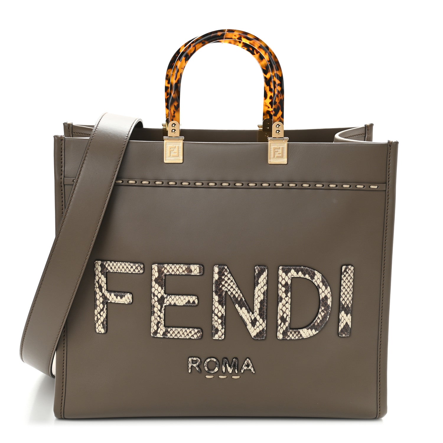 Fendi Vitello King Plexiglass Elaphe Python Print Logo Medium Fendi Sunshine Shopper Tote Tartufo Daisy Roccia 1 of 10