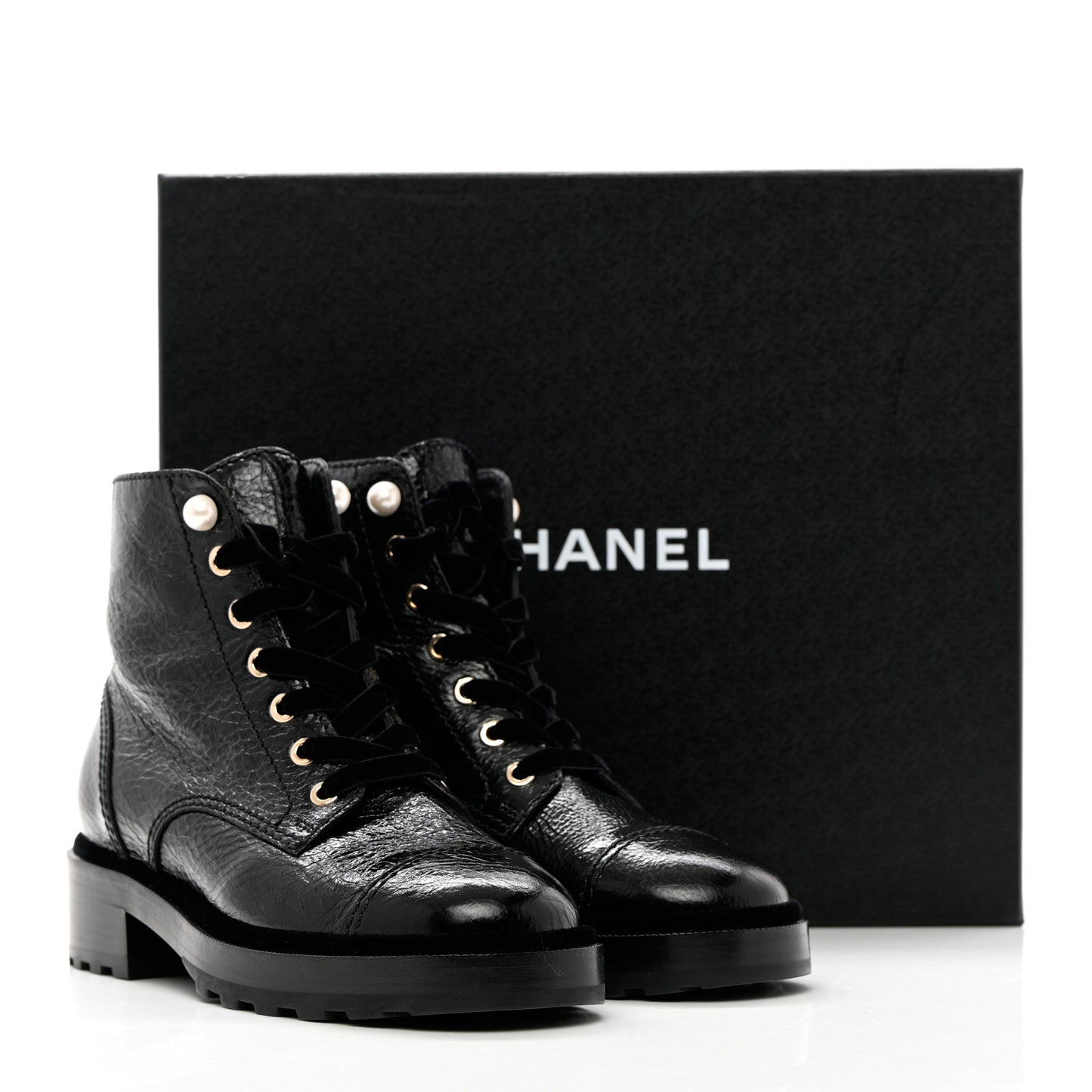 Shiny Calfskin Velvet Pearl Combat Short Boots 37.5 Black