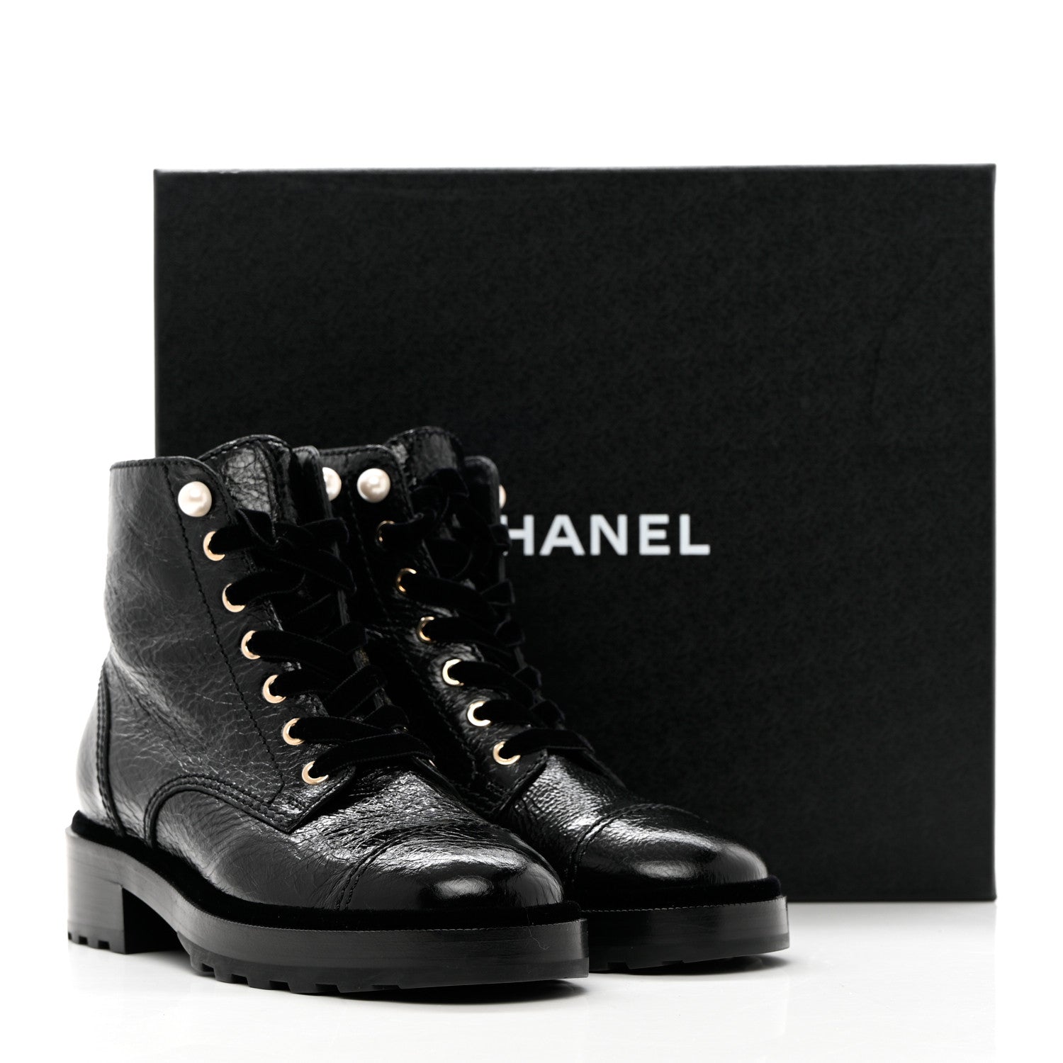 Chanel Shiny Calfskin Velvet Pearl Combat Short Boots 37.5 Black 10 of 10