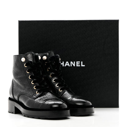 Chanel Shiny Calfskin Velvet Pearl Combat Short Boots 37.5 Black 10 of 10
