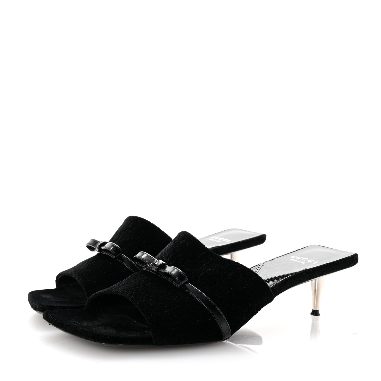 Gucci New Velvet Ashmir Regent Calfskin GG Monogram Square Toe Bow 45mm Slide Sandals 39.5 Black 4 of 10