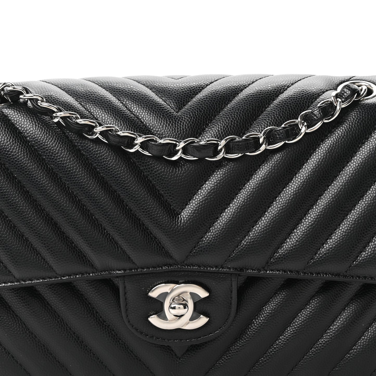 Caviar Chevron Quilted Medium Double Flap Black