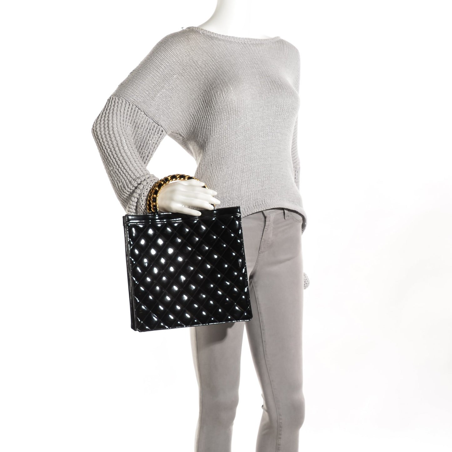Patent Quilted Chain Handle Tote Black