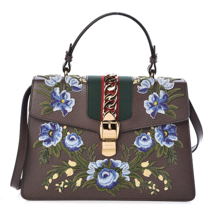 Gucci Calfskin Embroidered Medium Sylvie Top Handle Bag New Acero Multicolor 1 of 10