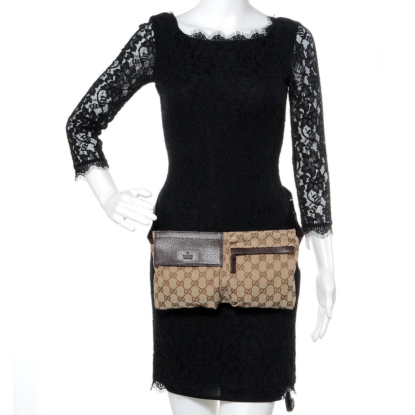 GG Monogram Web Double Pocket Belt Bag Dark Brown