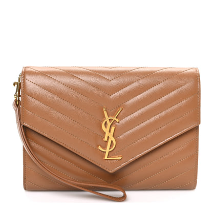 Saint Laurent Grain De Poudre Matelasse Chevron Monogram Cassandre Flap Pouch Natural Dark 1 of 8