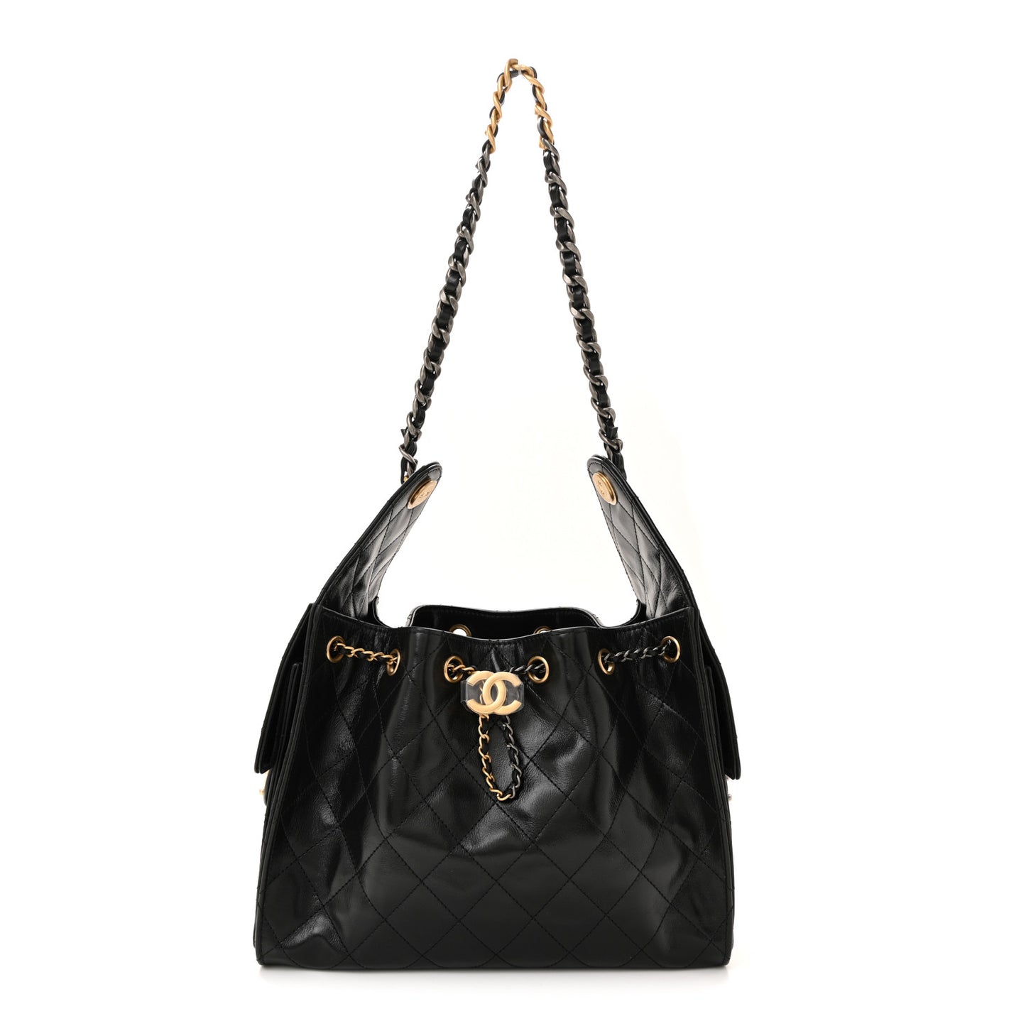 Shiny Crumpled Calfskin Quilted Small Chanel 25 Handbag Black