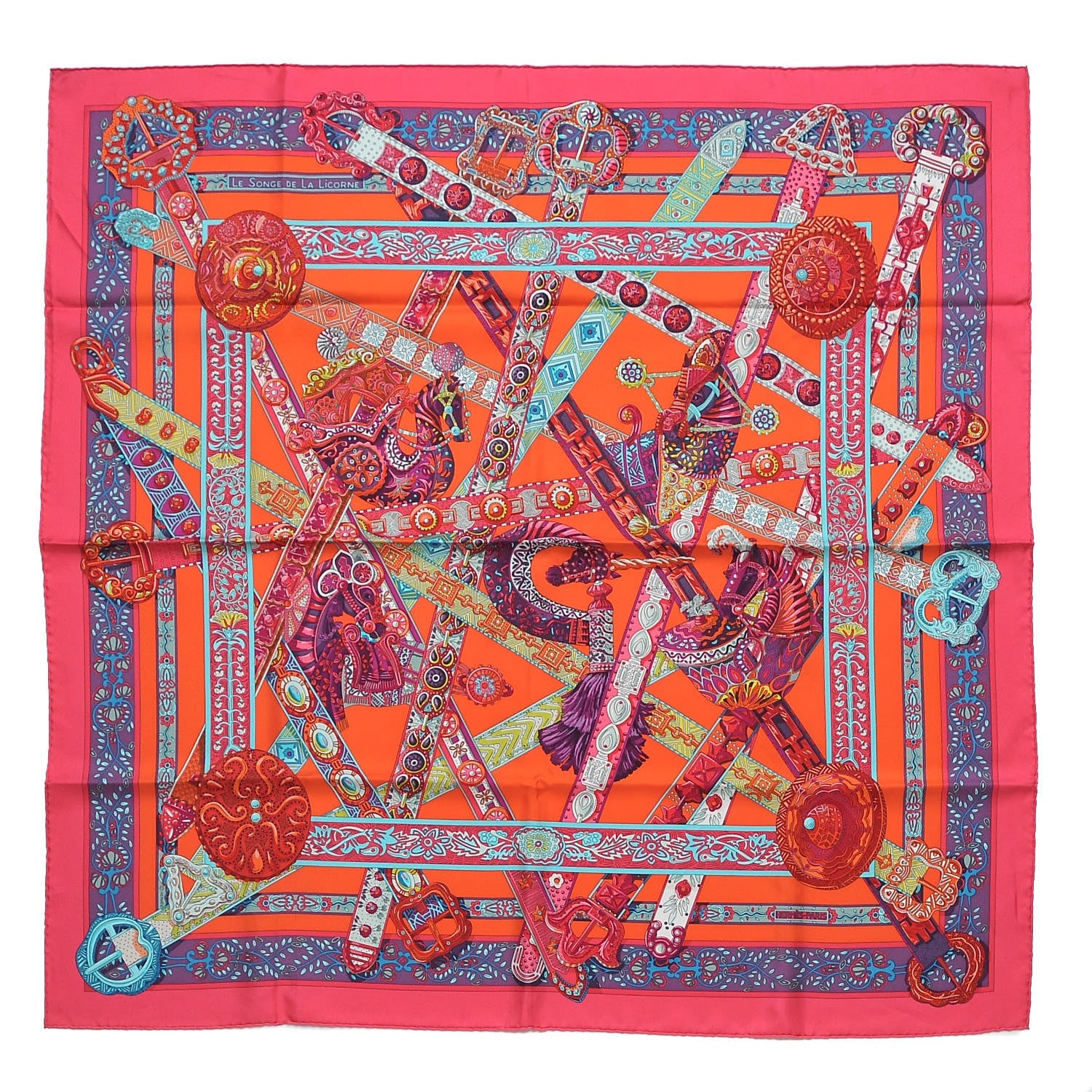 Hermes Silk Le Songe De La Licorne Scarf 90 Roes Indiene Capucine Violet 1 of 8
