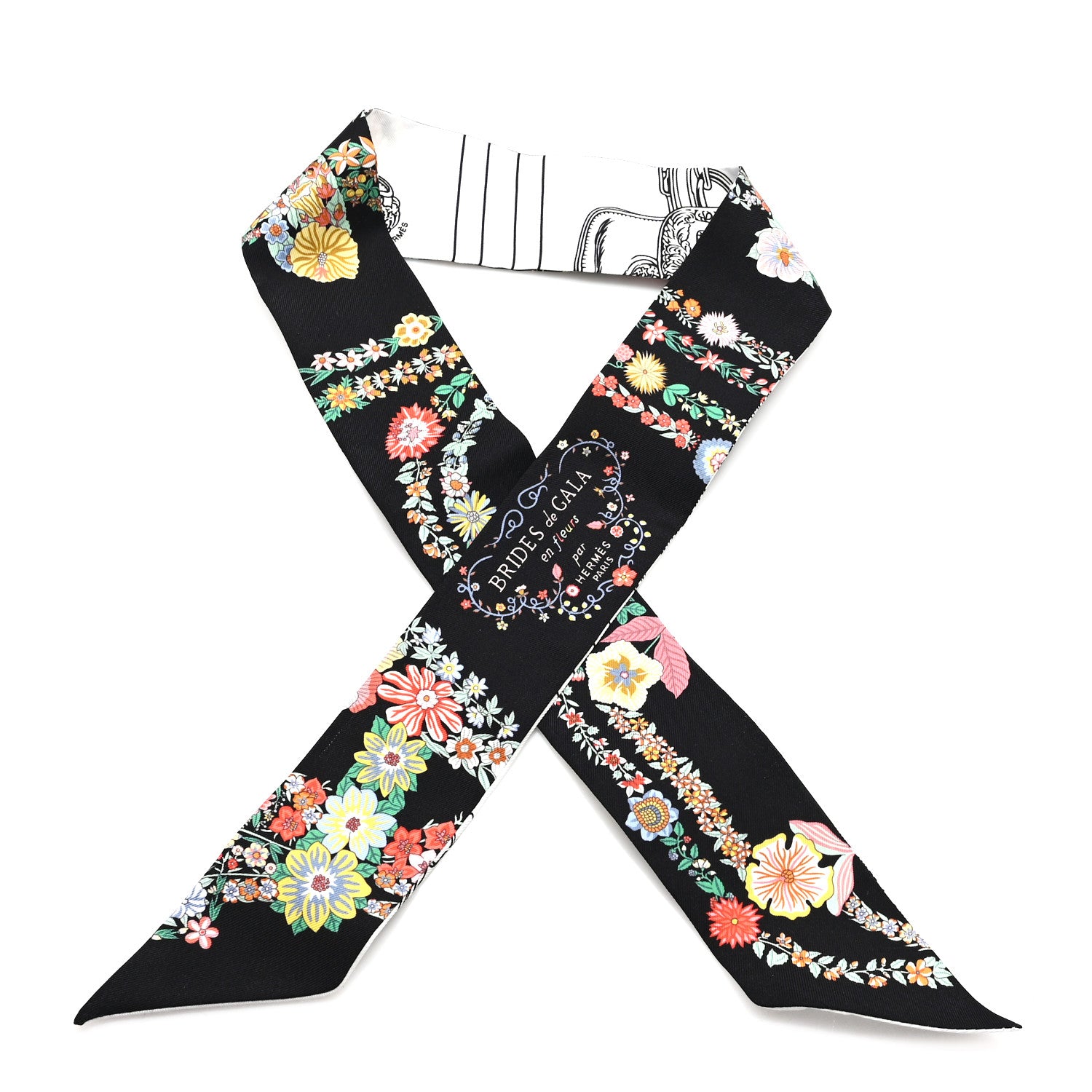 エルメス　人気ツイリー　Brides de GALA en fleurs 黒 Hermes Silk Brides de Gala en Fleurs Twilly Black Multicolor White