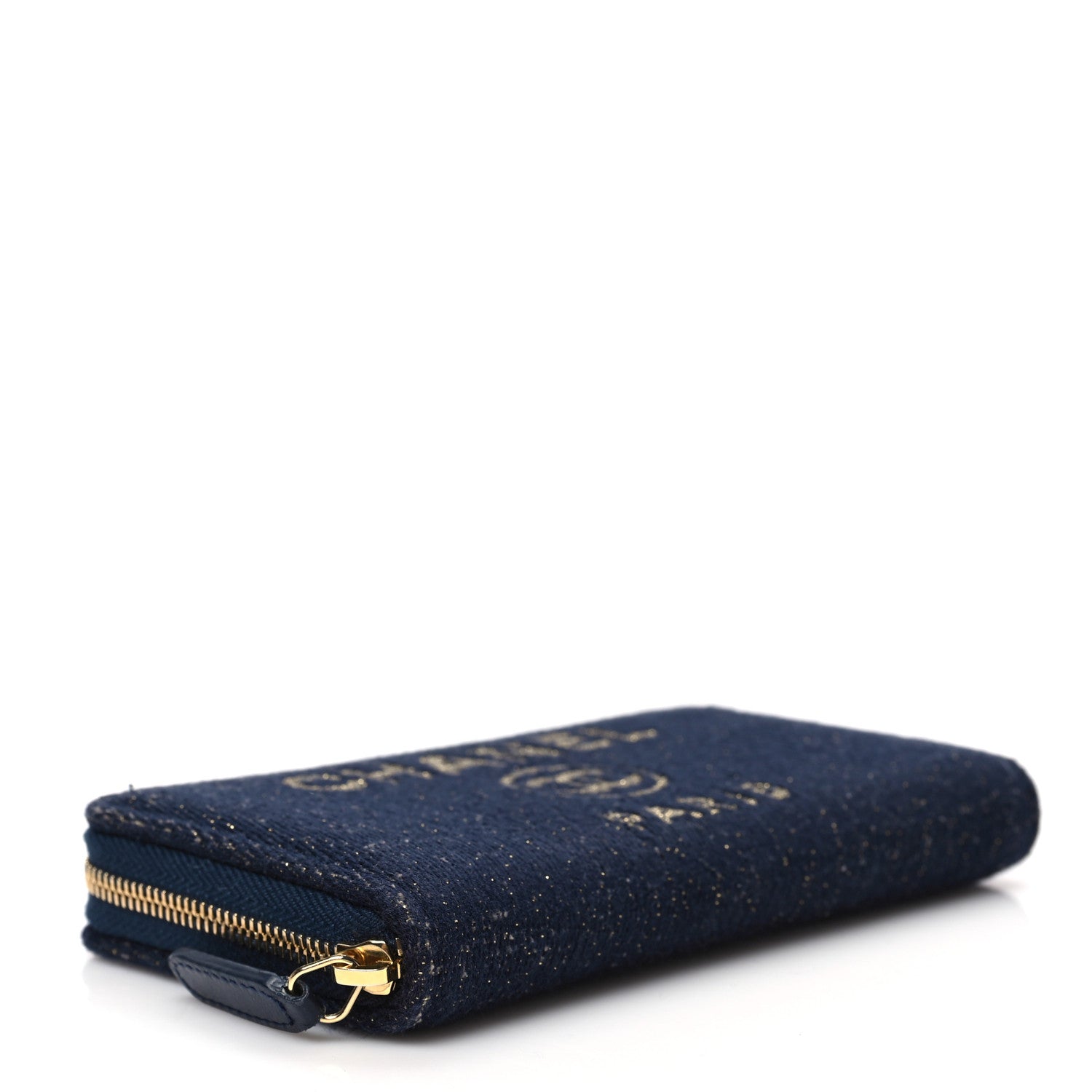 Chanel Lurex Canvas Medium Deauville Zip Around Wallet Navy Blue Gold 4 of 9