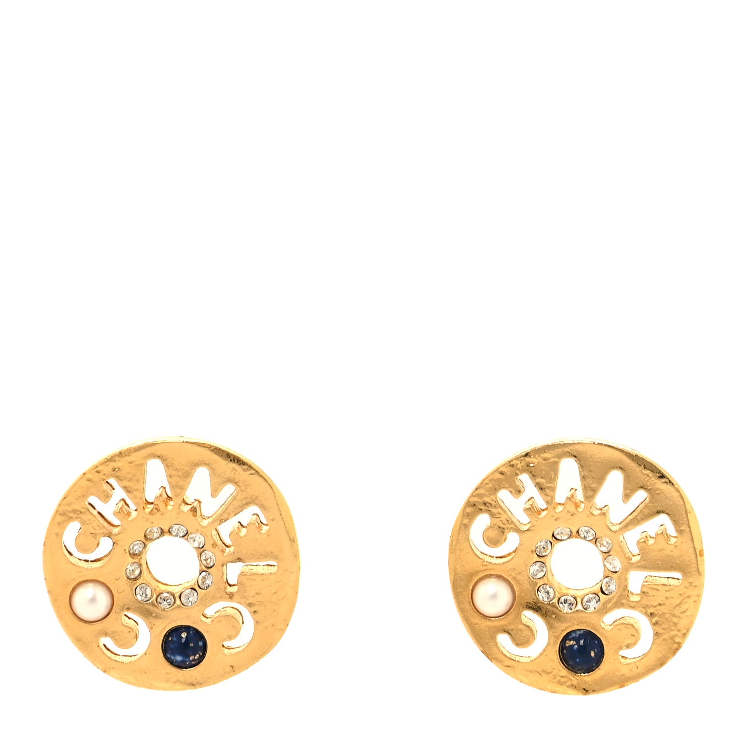 Chanel Metal Crystal Pearl Coco Round Earrings Gold 1 of 4