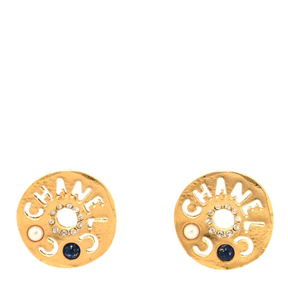 Chanel Metal Crystal Pearl Coco Round Earrings Gold 1 of 4