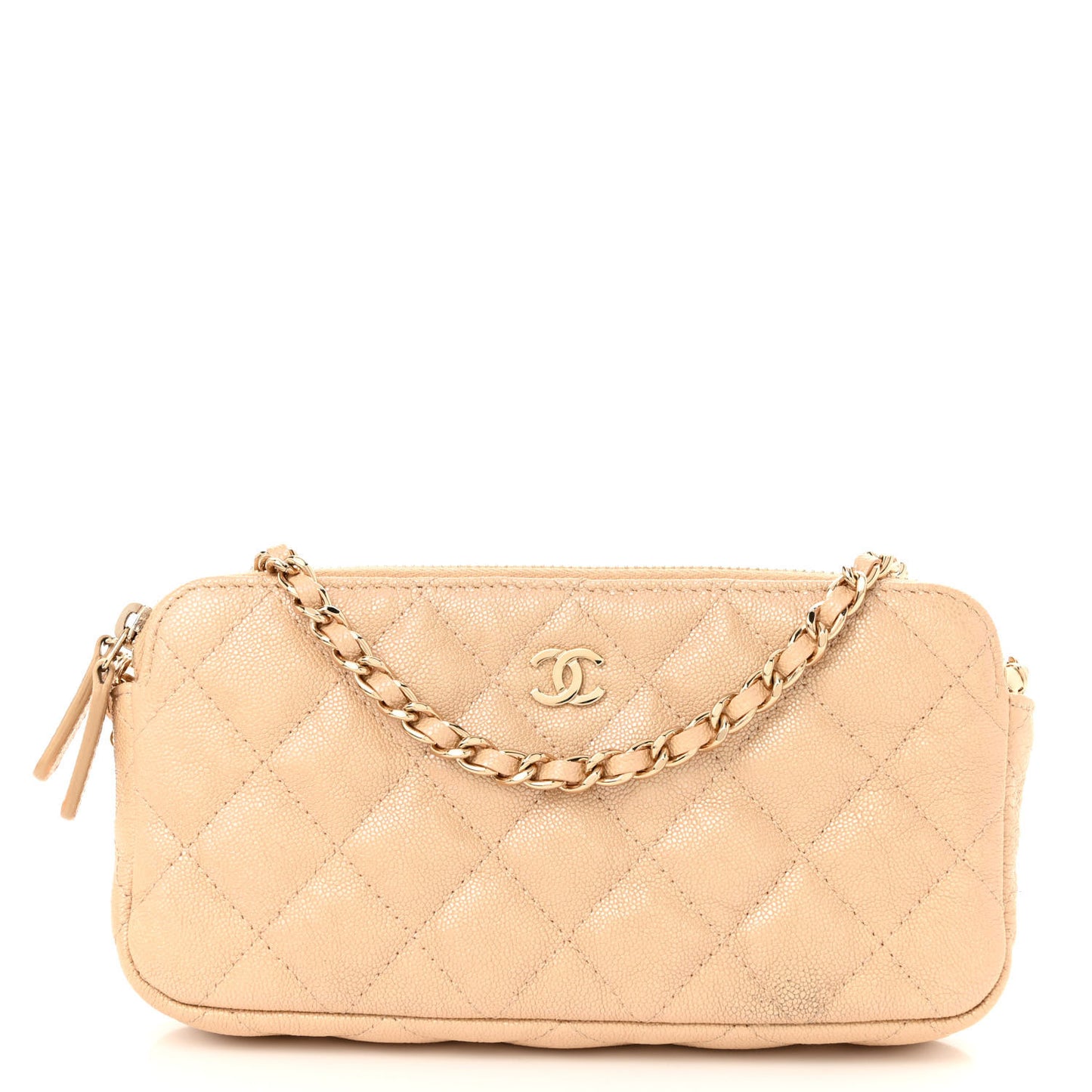 Iridescent Caviar Quilted Small Clutch With Chain Beige