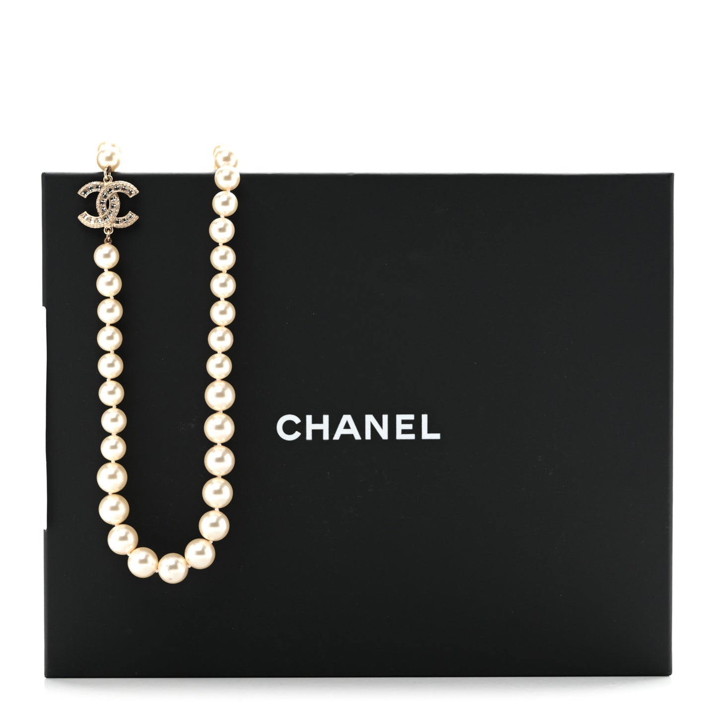 Pearl Baguette Crystal Long CC Necklace Gold