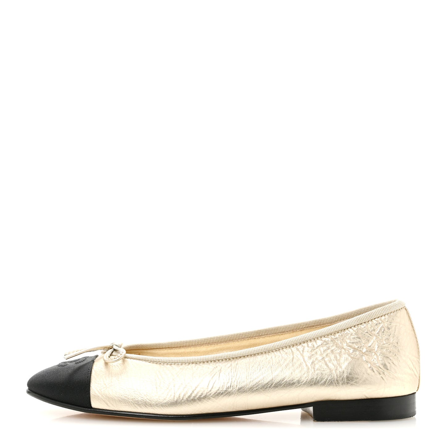 Metallic Laminated Lambskin Grosgrain CC Cap Toe Ballerina Flats 37.5 Light Gold Black