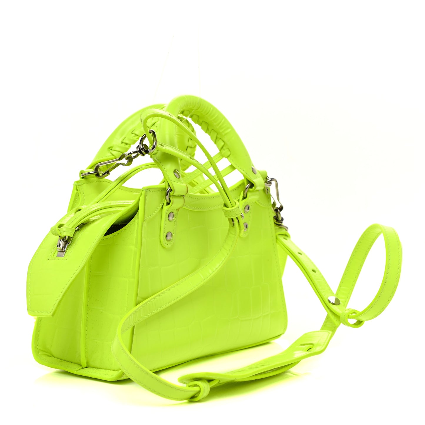 Semi Shiny Calfskin Crocodile Embossed Neo Classic Silver Hardware Mini City Fluo Yellow