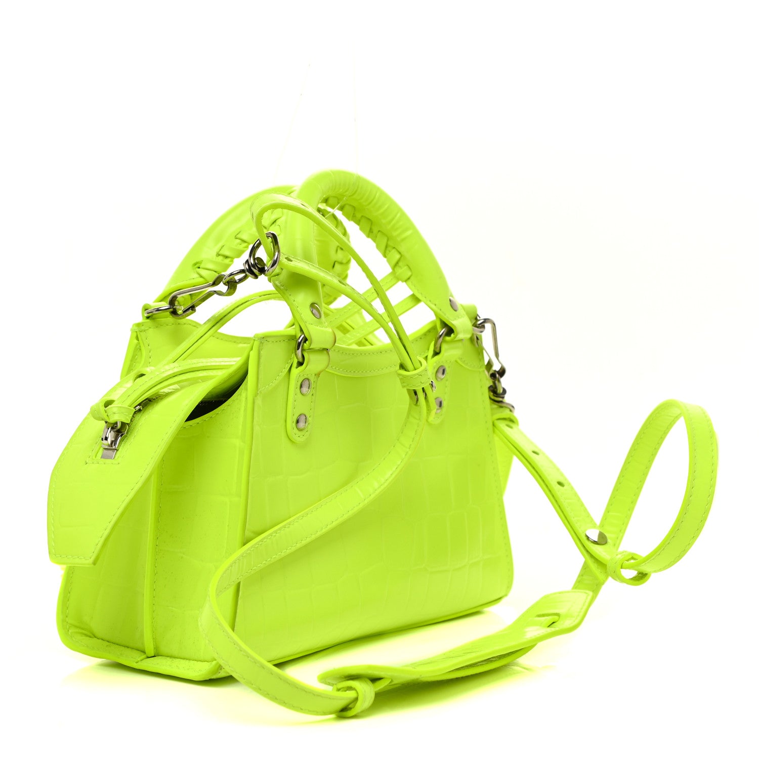 Balenciaga Semi Shiny Calfskin Crocodile Embossed Neo Classic Silver Hardware Mini City Fluo Yellow 3 of 18
