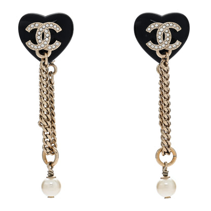 Chanel Resin Crystal Pearl CC Heart Chain Drop Earrings Black Gold 1 of 5