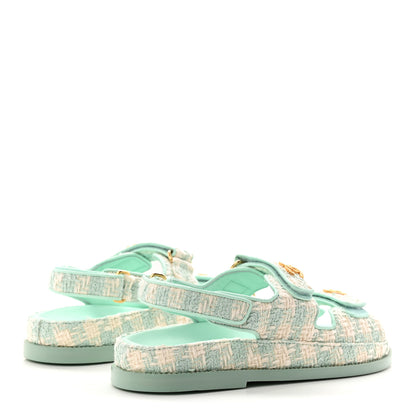 Chanel Wool Tweed Velcro Dad Sandals 37.5 Light Blue Ivory 5 of 9