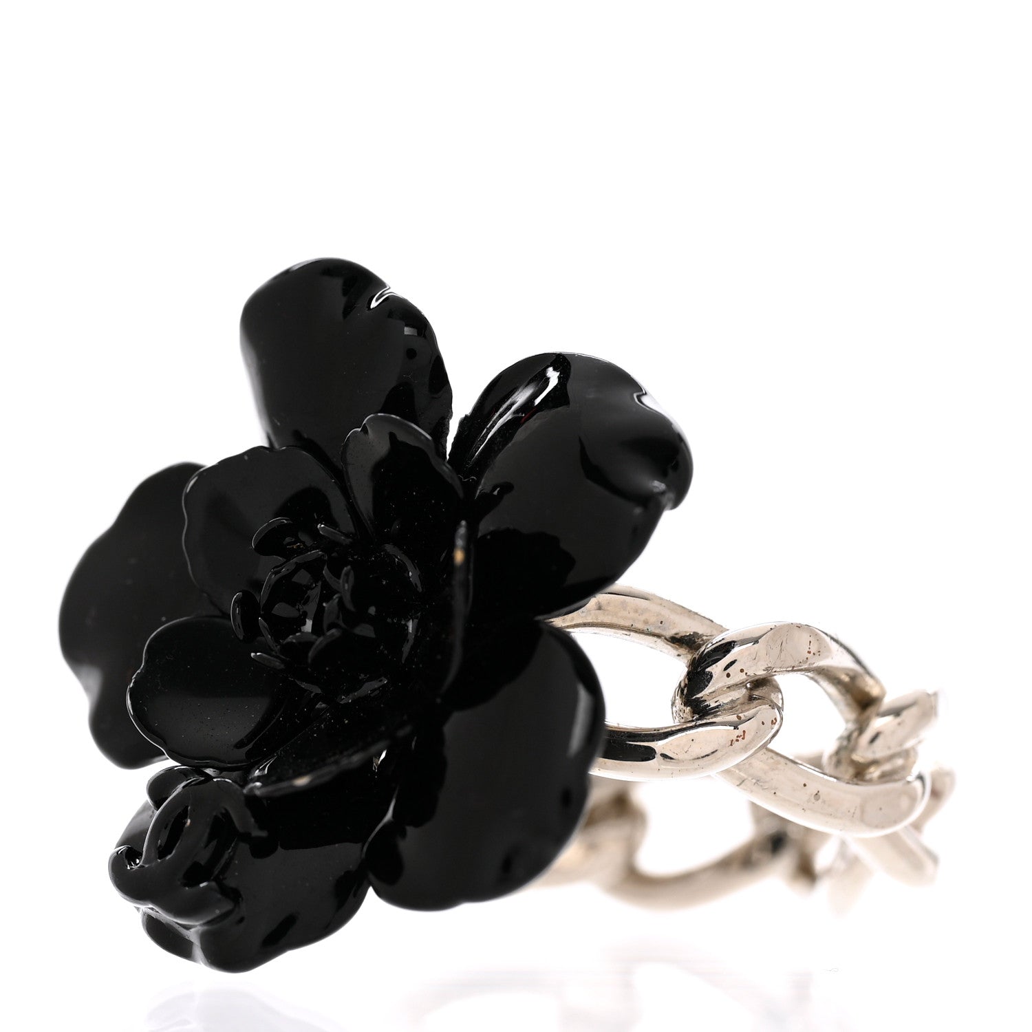 Chanel Palladium Resin CC Camellia Ring 7.5 Black 3 of 5