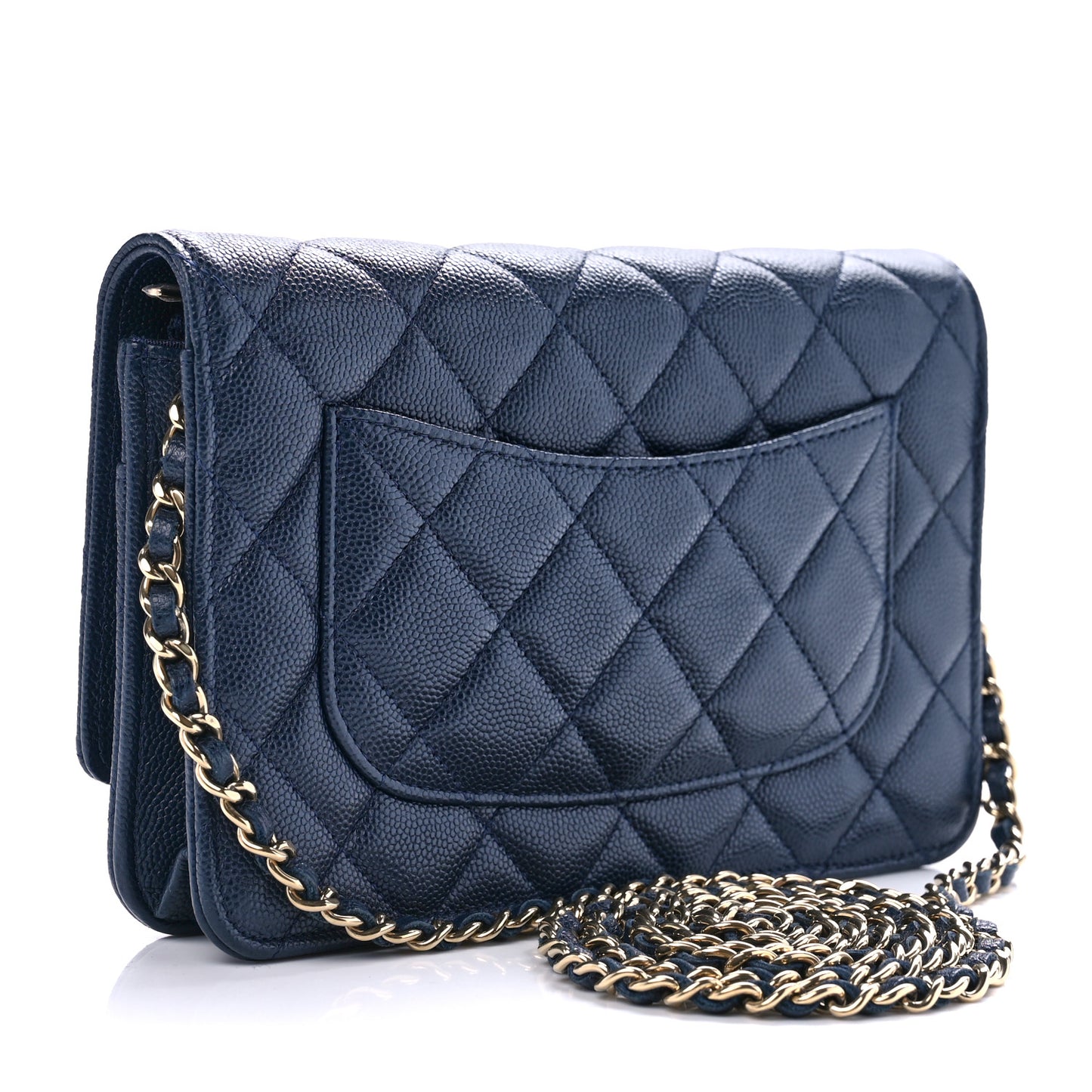 Iridescent Caviar Quilted Wallet On Chain WOC Blue