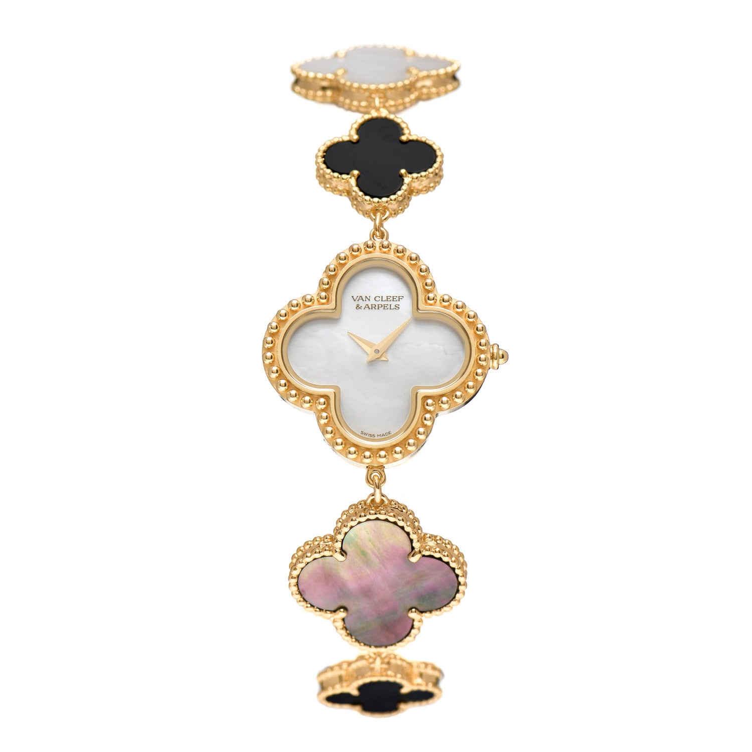 Van Cleef & Arpels 18K Yellow Gold Mother of Pearl Black Onyx 26mm Alhambra Quartz Watch 1 of 5
