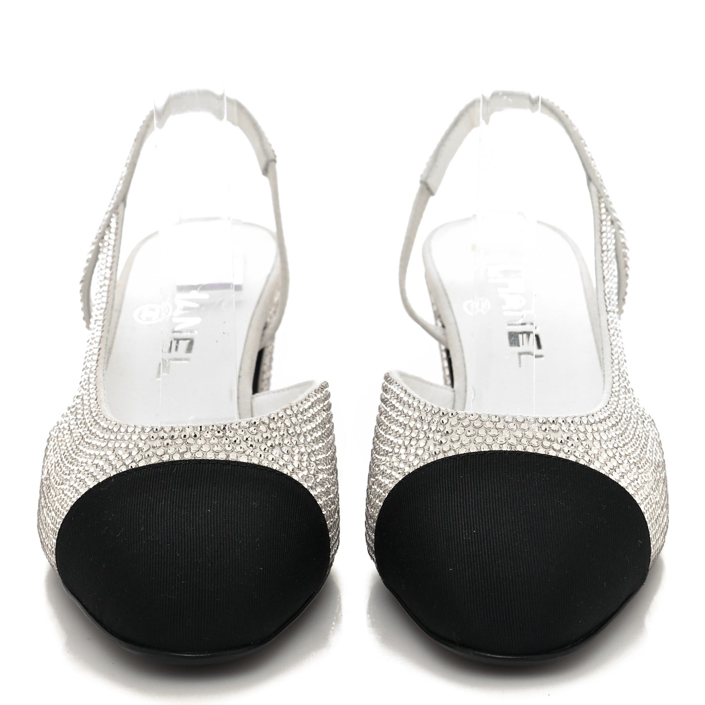 Strass Grosgrain Cap Toe CC Slingback Pumps 37 Silver Black