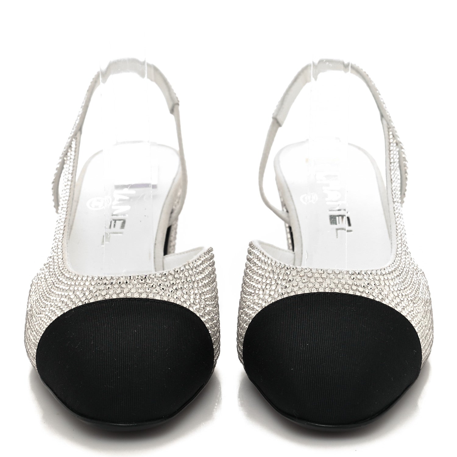 Chanel Strass Grosgrain Cap Toe CC Slingback Pumps 37 Silver Black 2 of 8