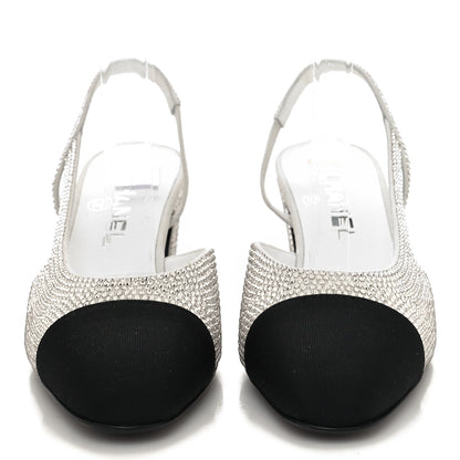 Chanel Strass Grosgrain Cap Toe CC Slingback Pumps 37 Silver Black 2 of 8