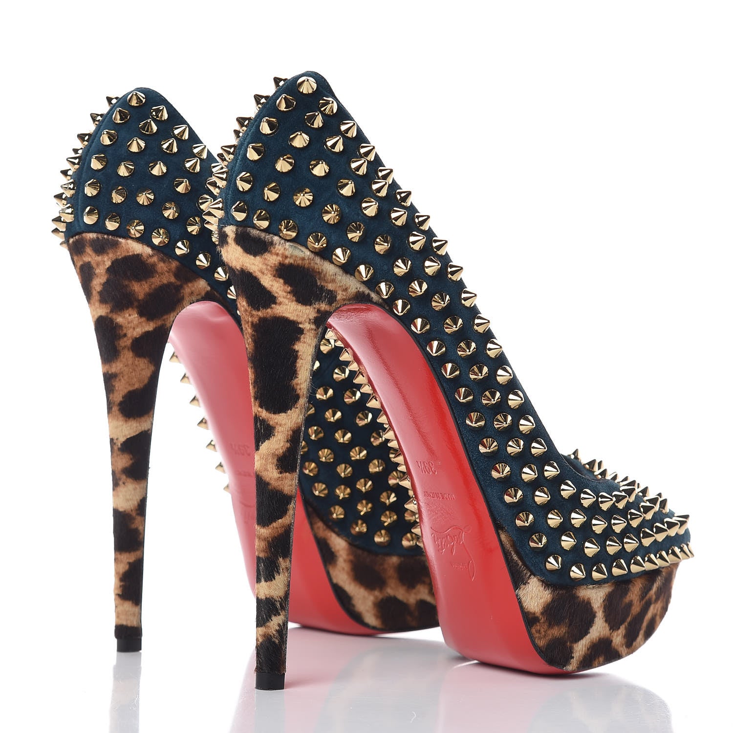 Christian Louboutin Veau Velours Calf Hair Leopard Lady Peep Spikes VIP 150 Pumps 39.5 Blue Khol Bronze 4 of 7