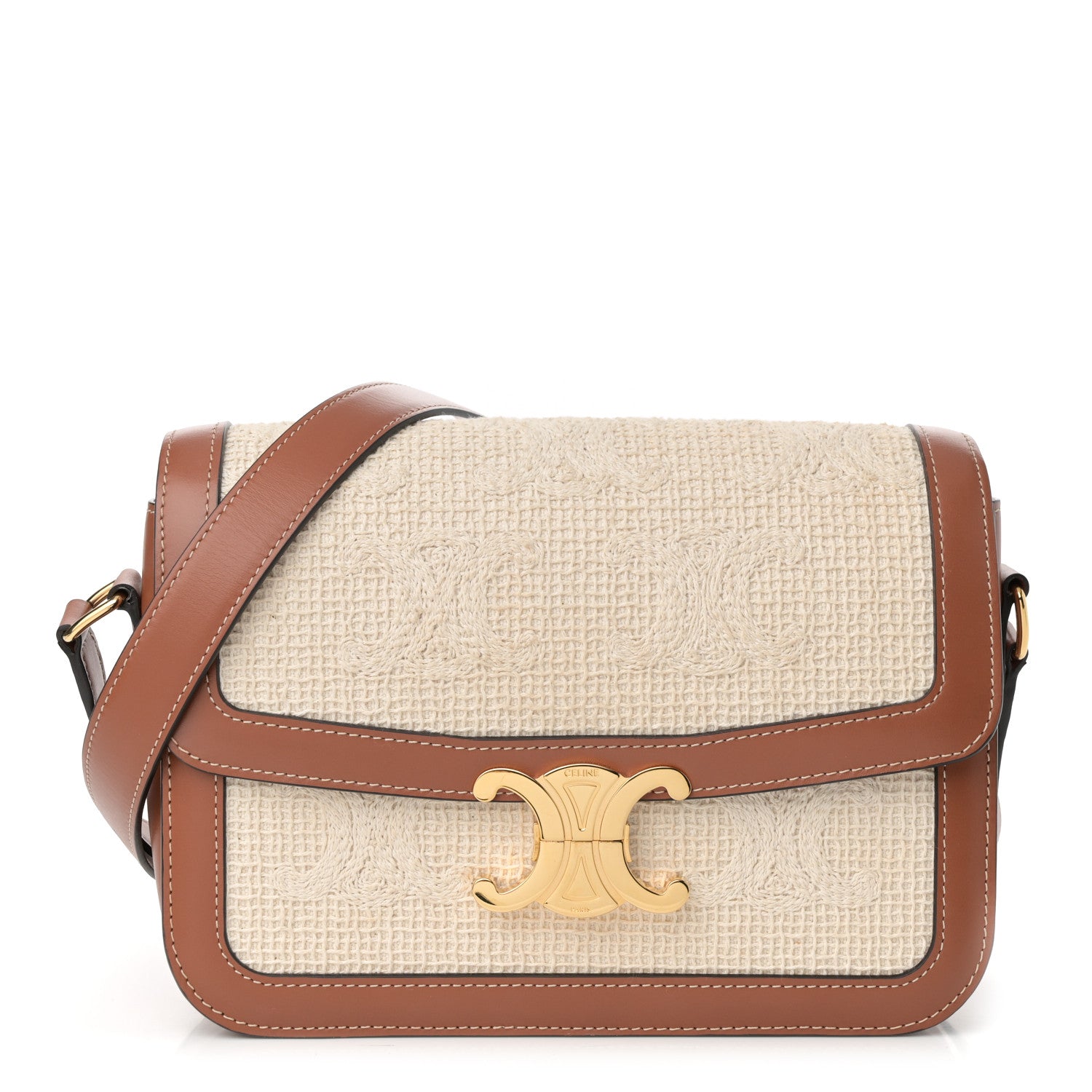 CELINEバッグ Celine Textile Crochet Natural Calfskin Teen Triomphe Natural Tan