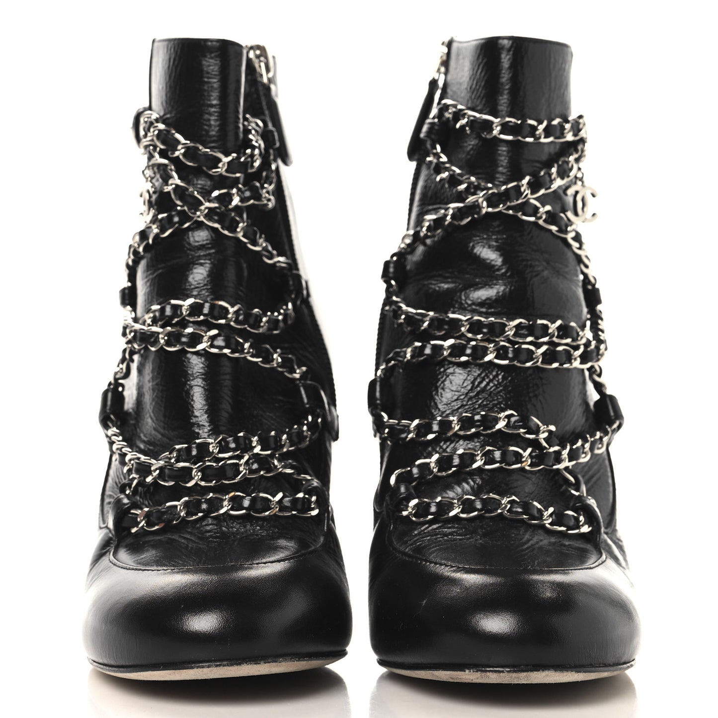 Crackled Calfskin Chain CC Short Boots 38 Black