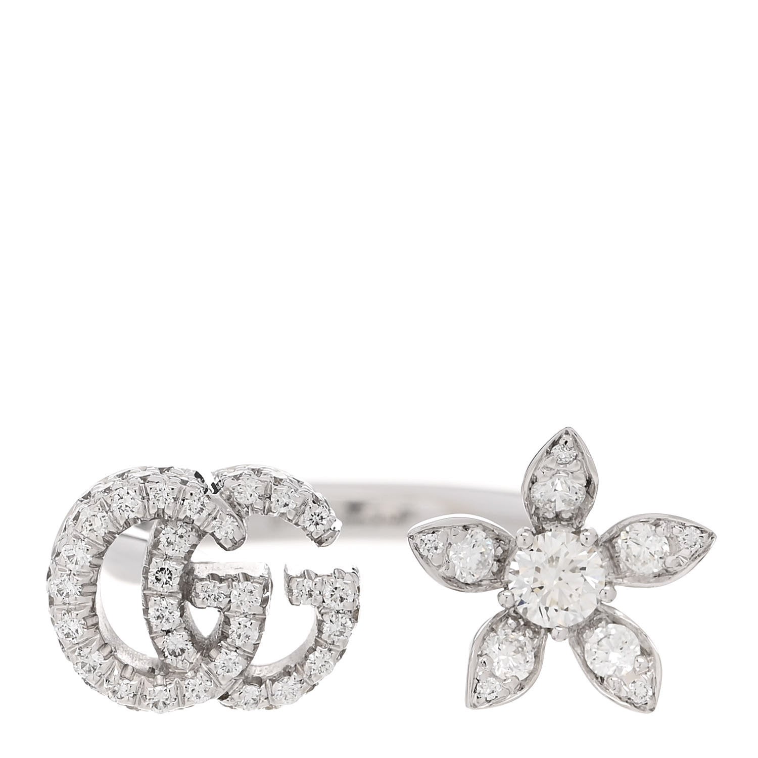 Gucci 18K White Gold Diamond Flora GG Open Ring 52 6 1 of 7