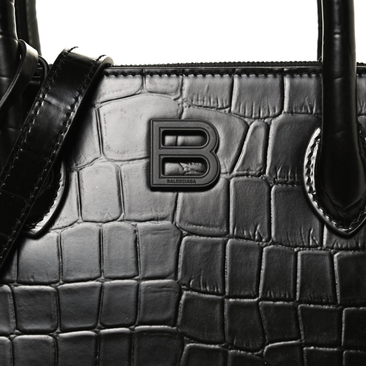 Calfskin Crocodile Embossed S Rivet Ville Top Handle Bag Black