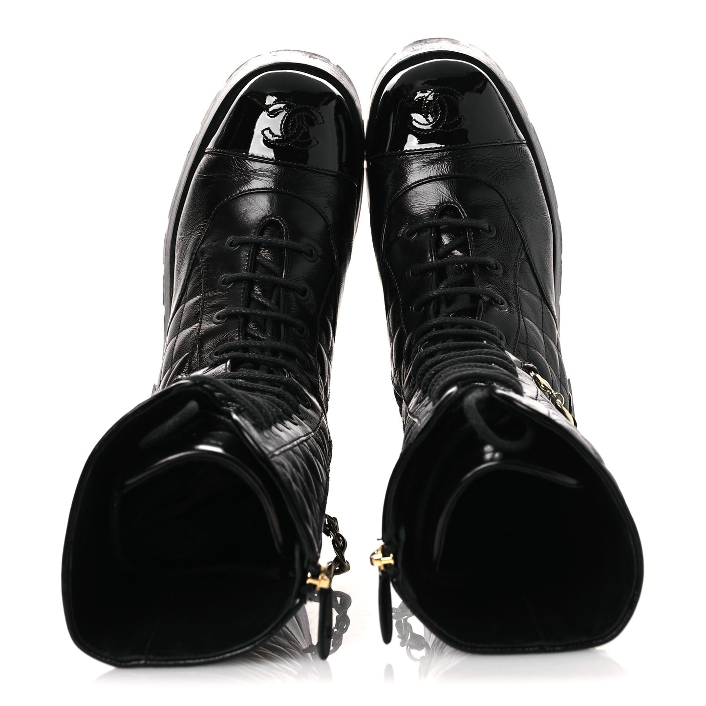 Shiny Calfskin Patent Quilted Chain Lace Up Combat Long Boots 37 Black
