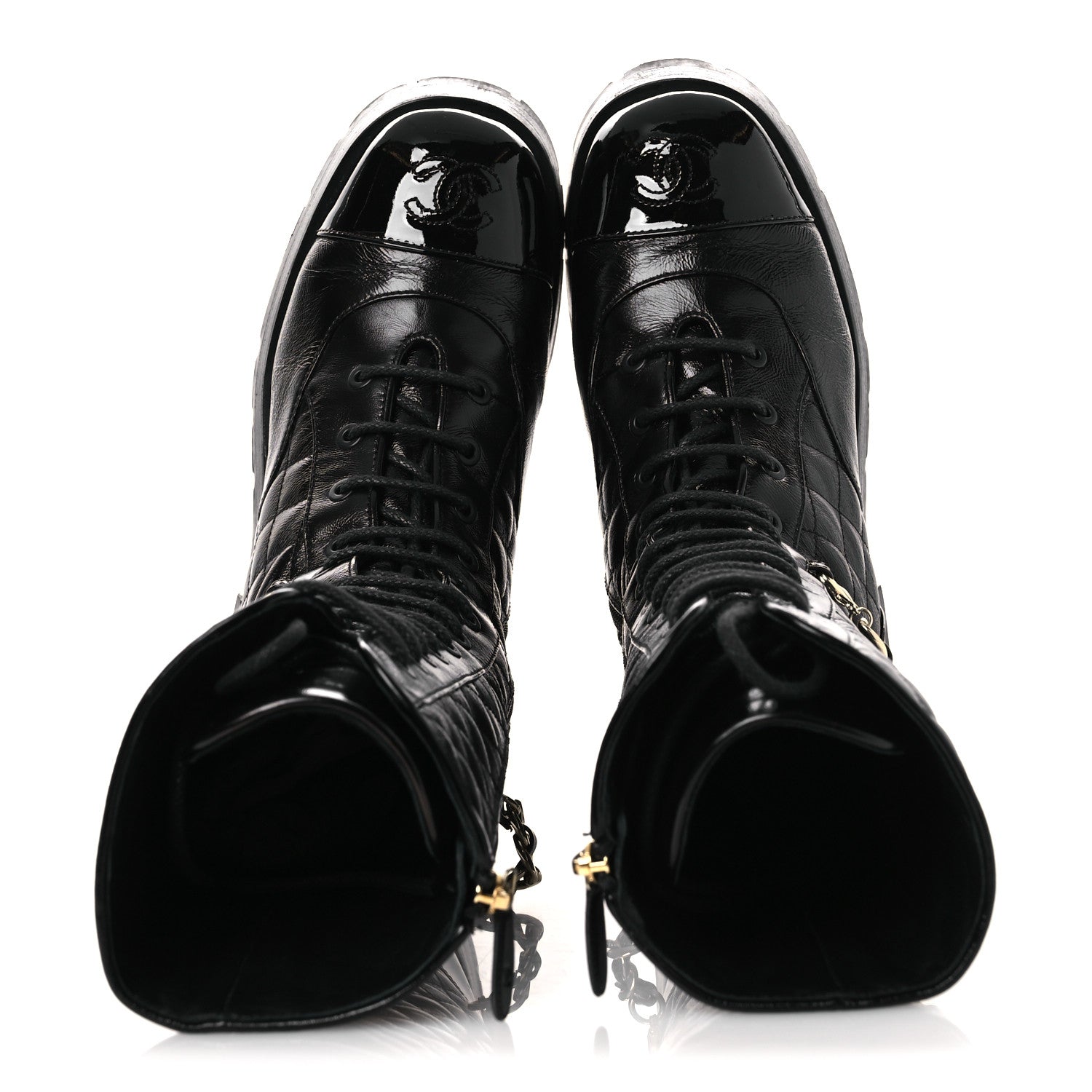 Chanel Shiny Calfskin Patent Quilted Chain Lace Up Combat Long Boots 37 Black 2 of 11